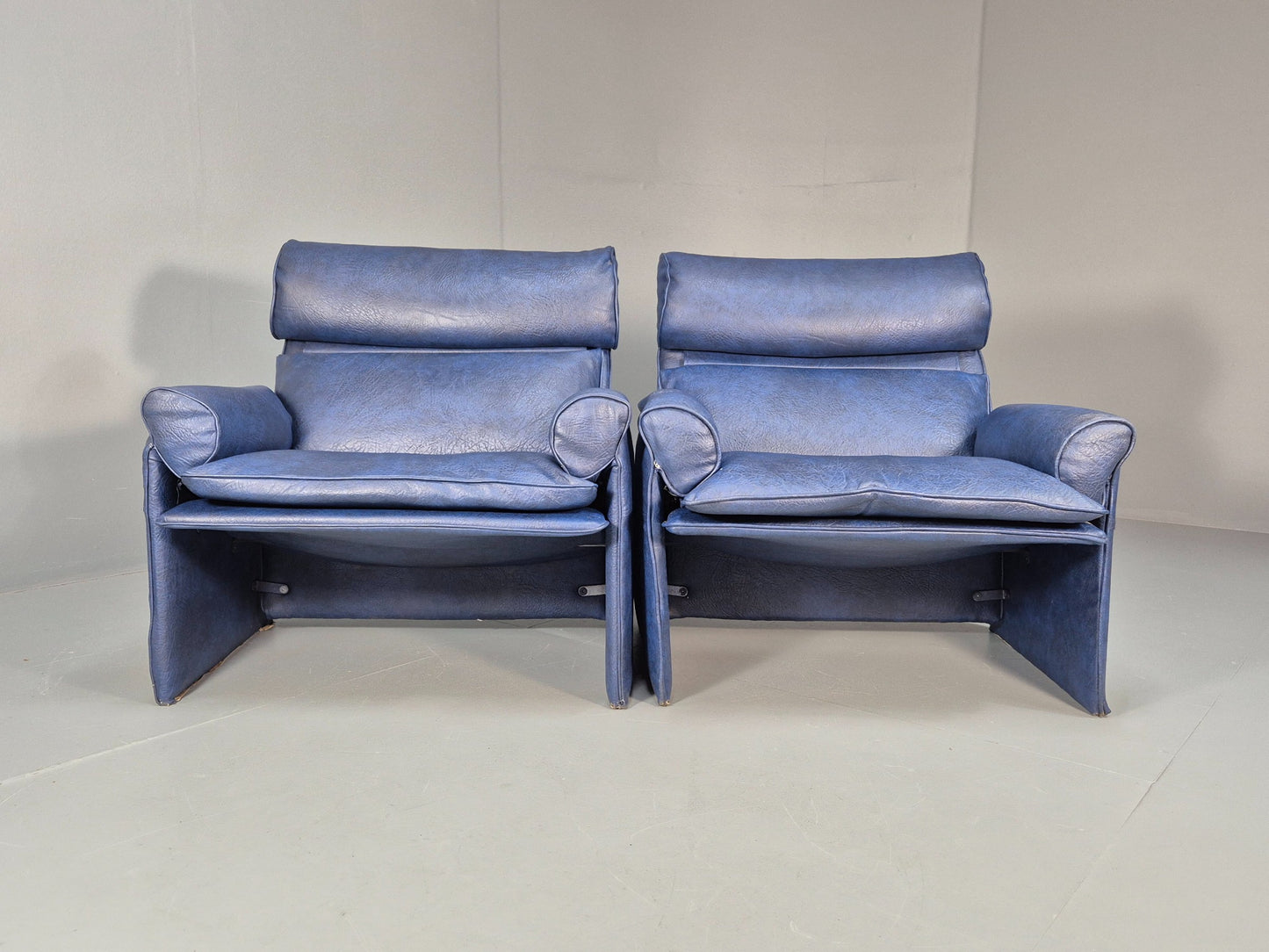 Vintage Saporiti Italian Lounge Chairs Pair Blue Vinyl Retro EB9844