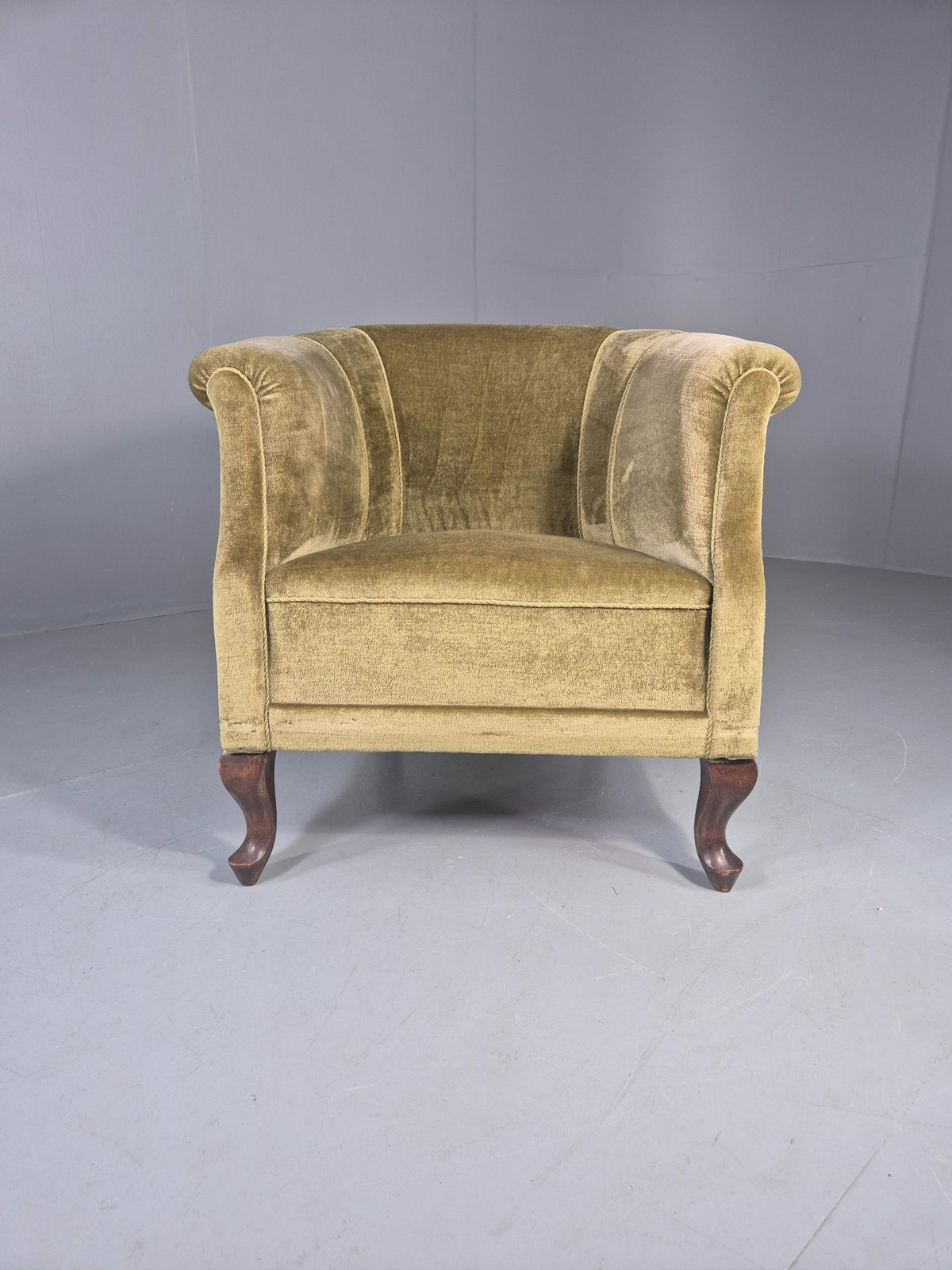 Vintage Danish Art Deco Tub Chair Green Velour Cabriole Legs 1940s EB12717