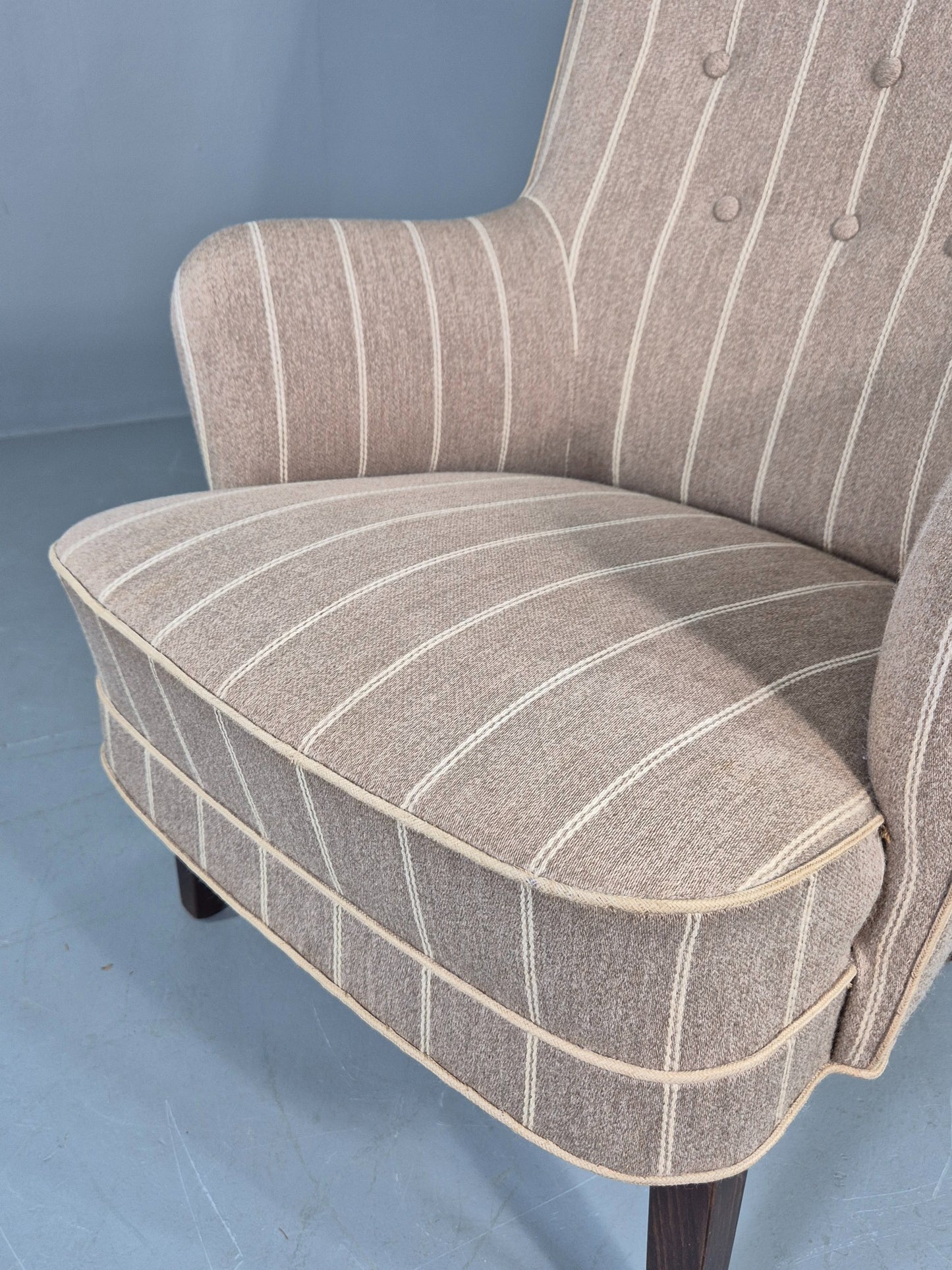 Vintage Danish Mid Century Lounge Chair Grey Cream Stripe 1960s Retro  EB12779