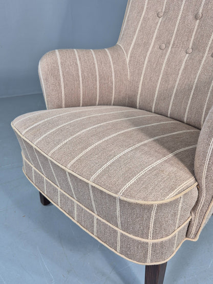 Vintage Danish Mid Century Lounge Chair Grey Cream Stripe 1960s Retro  EB12779