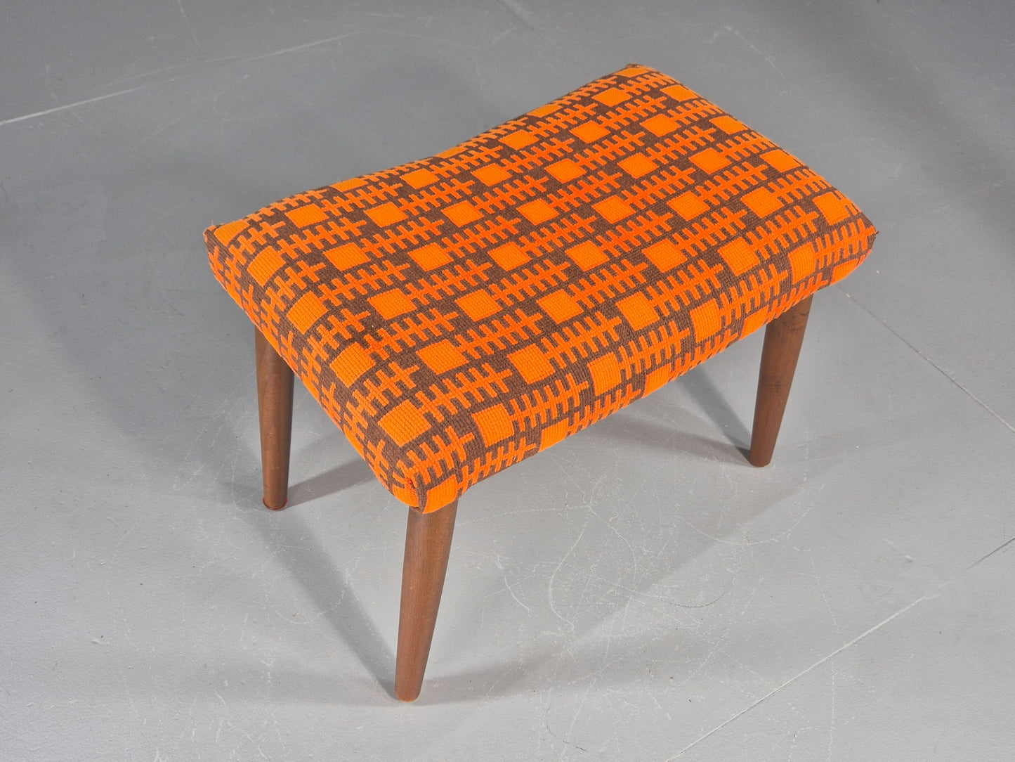 Vintage Mid Century Footstool Danish Orange and Brown Beech Legs 1960s EB12094