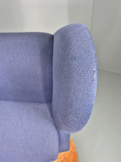 Vintage Danish Lounge Wing Chair Oak Frame Blue Wool 1970s  Retro MCM EB12771