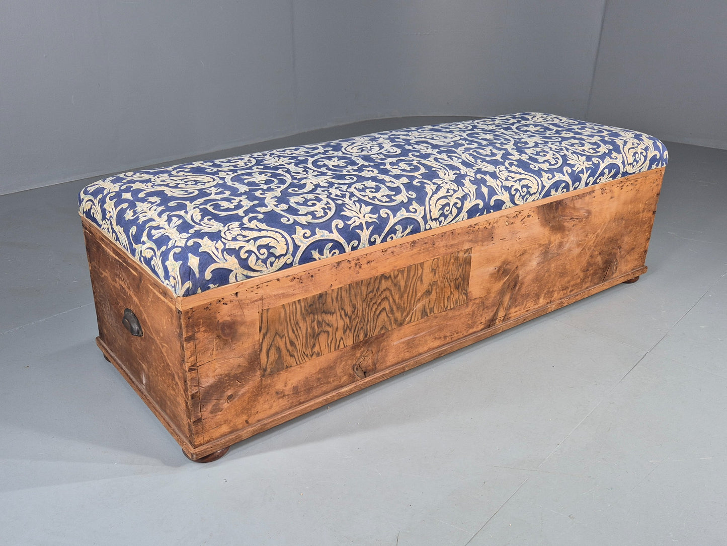 Antique Upholstered Ottoman Striped Pine and Cotton Print Window Seat EB11830