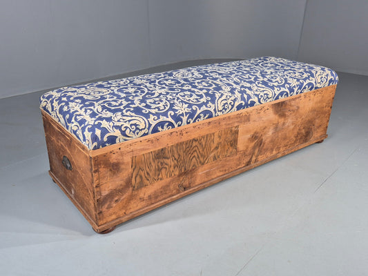 Antique Upholstered Ottoman Striped Pine and Cotton Print Window Seat EB11830