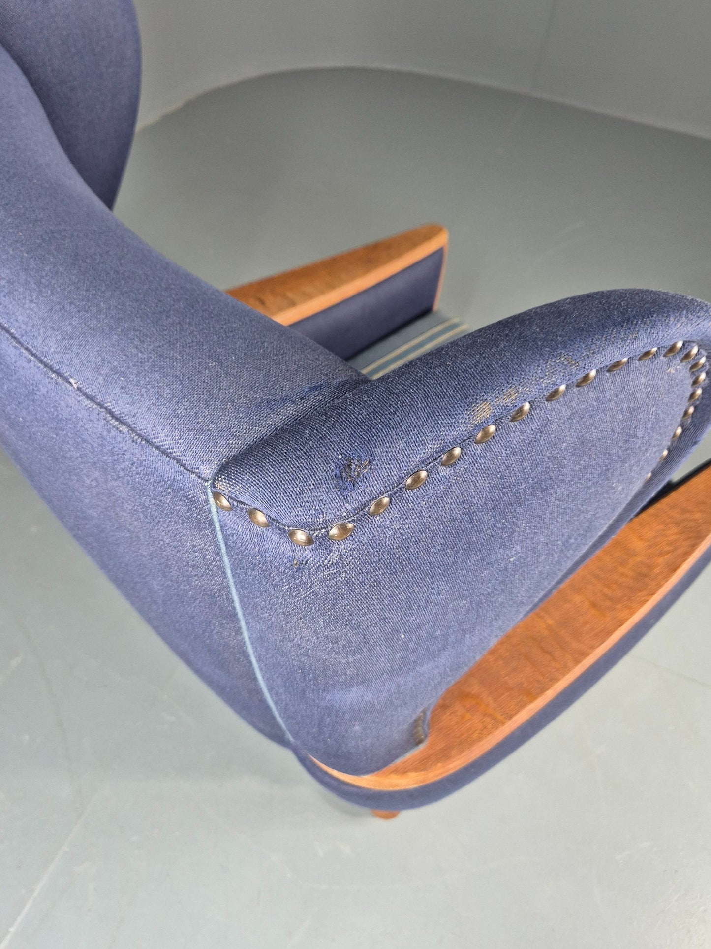 Vintage Danish Lounge Wing Chair Oak Frame Blue Wool 1970s  Retro MCM EB12771