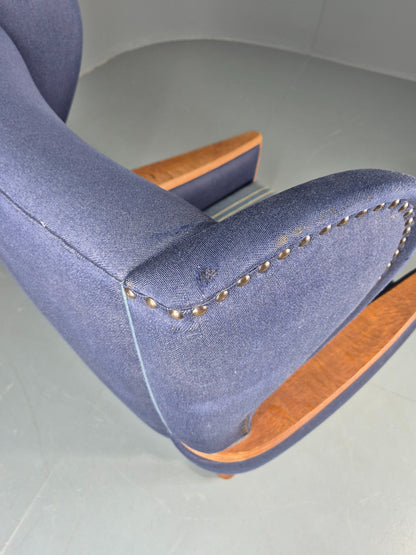 Vintage Danish Lounge Wing Chair Oak Frame Blue Wool 1970s  Retro MCM EB12771