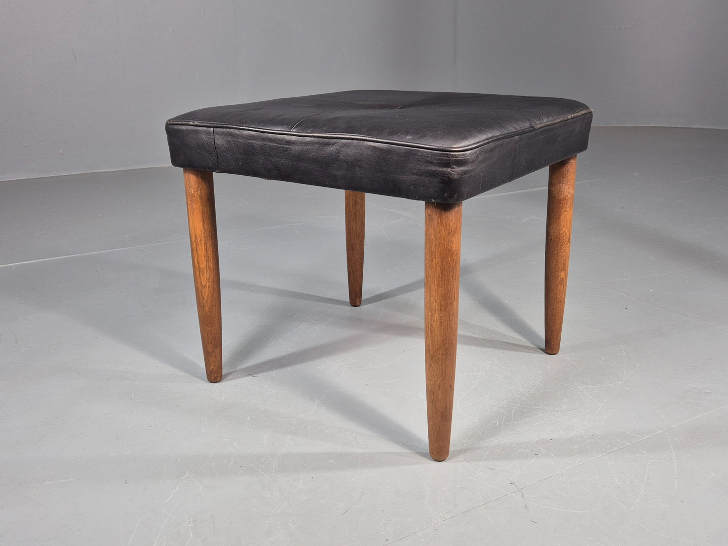 Vintage Mid Century Footstool Danish Black Leather Teak Legs 1960s Retro EB12097