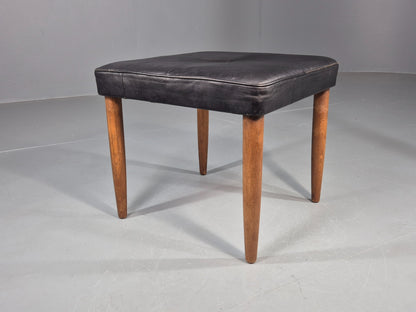 Vintage Mid Century Footstool Danish Black Leather Teak Legs 1960s Retro EB12097