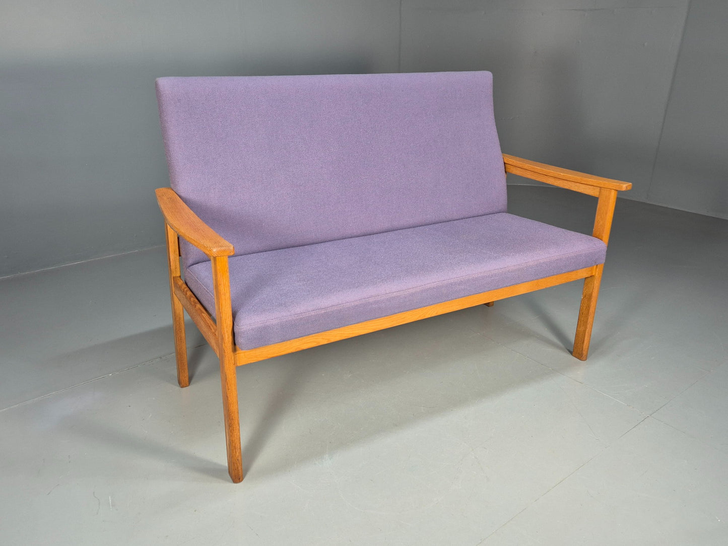 Vintage Danish 2 Seater Bench Sofa Oak Frame Purple Upholstery 1970s MCM EB08693