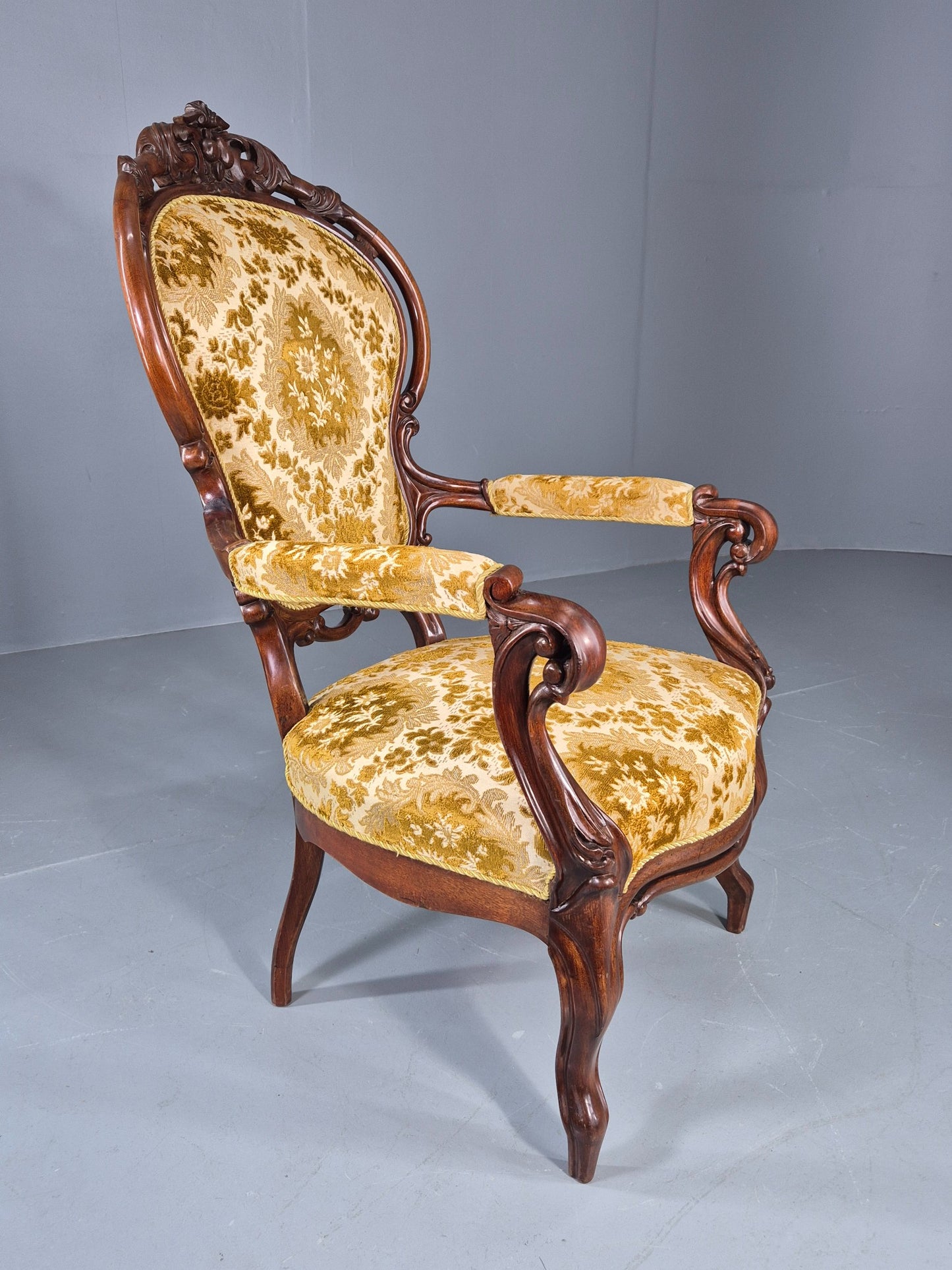 Antique Baroque Revival Arm Chair Carved Frame Gold Moquette Upholstery EB12740