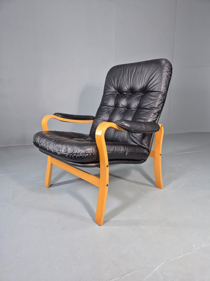 Vintage Danish Leather and Vinyl Lounge Chair Bent Wood Frame 80s Retro EB13076