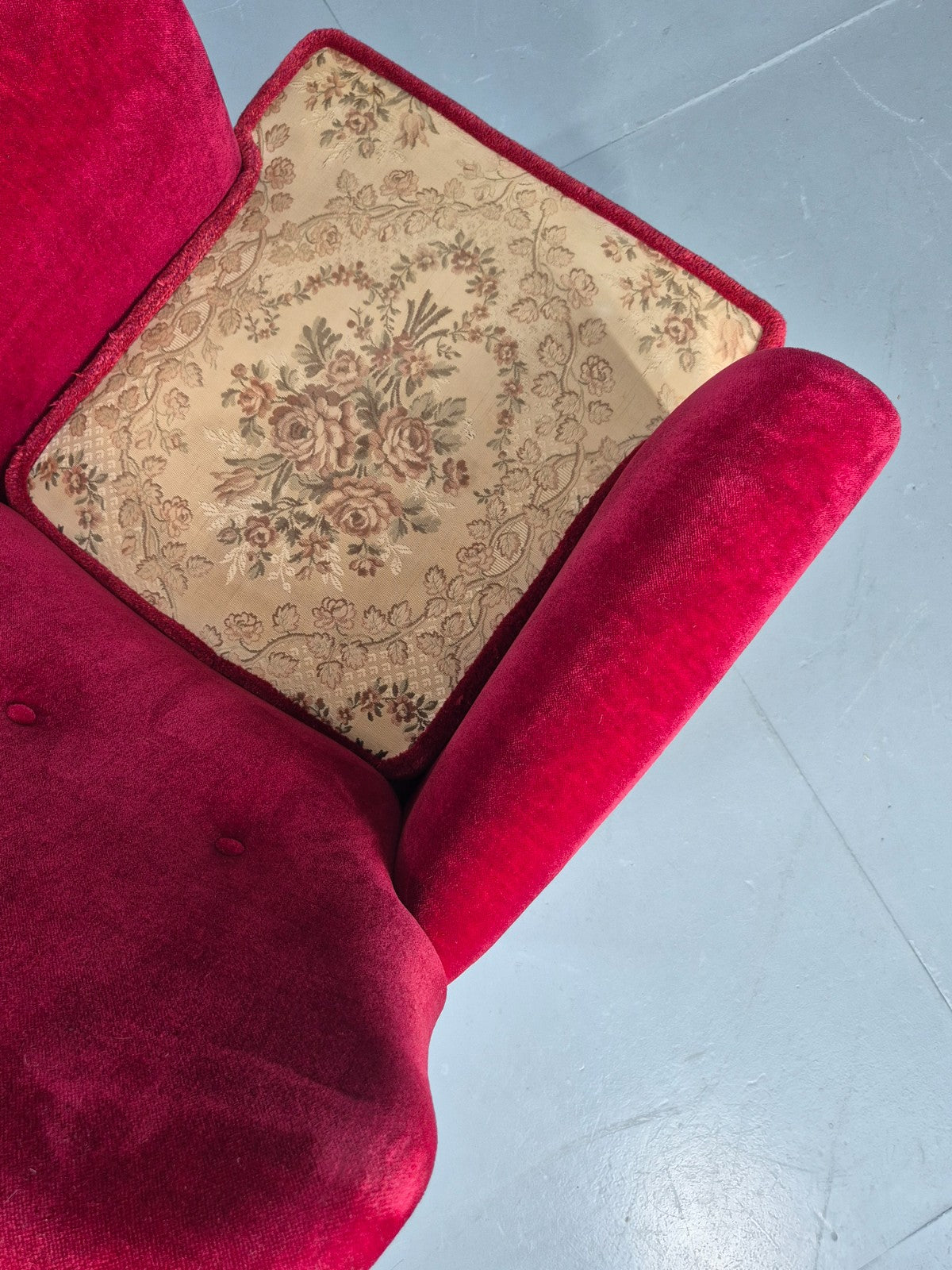 Vintage Wingback Lounge Chair Red Velour Cream Cushion Danish 1960s EB12762