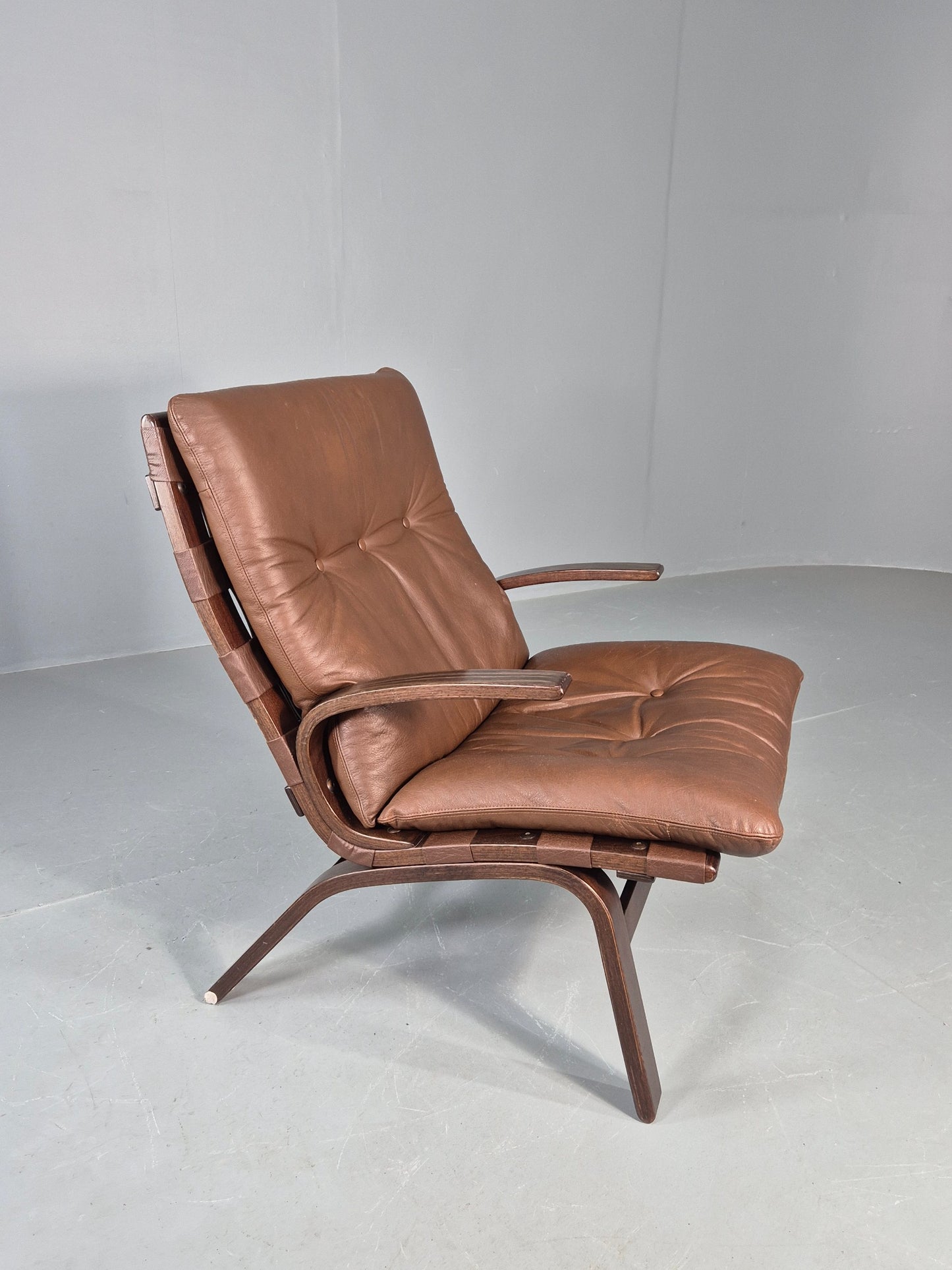 Vintage Farstrup Armchair Bentwood Frame Brown Leather Retro 1970s Eb12147