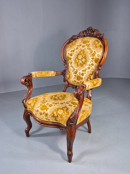 Antique Baroque Revival Arm Chair Carved Frame Gold Moquette Upholstery EB12740