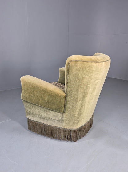 Vintage 1950s Armchair Danish Design Green Velour Tassels Art Deco EB12711