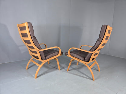 2 Vintage Danish Leather Lounge Chairs Bent Wood Frames 1980s Retro EB13073