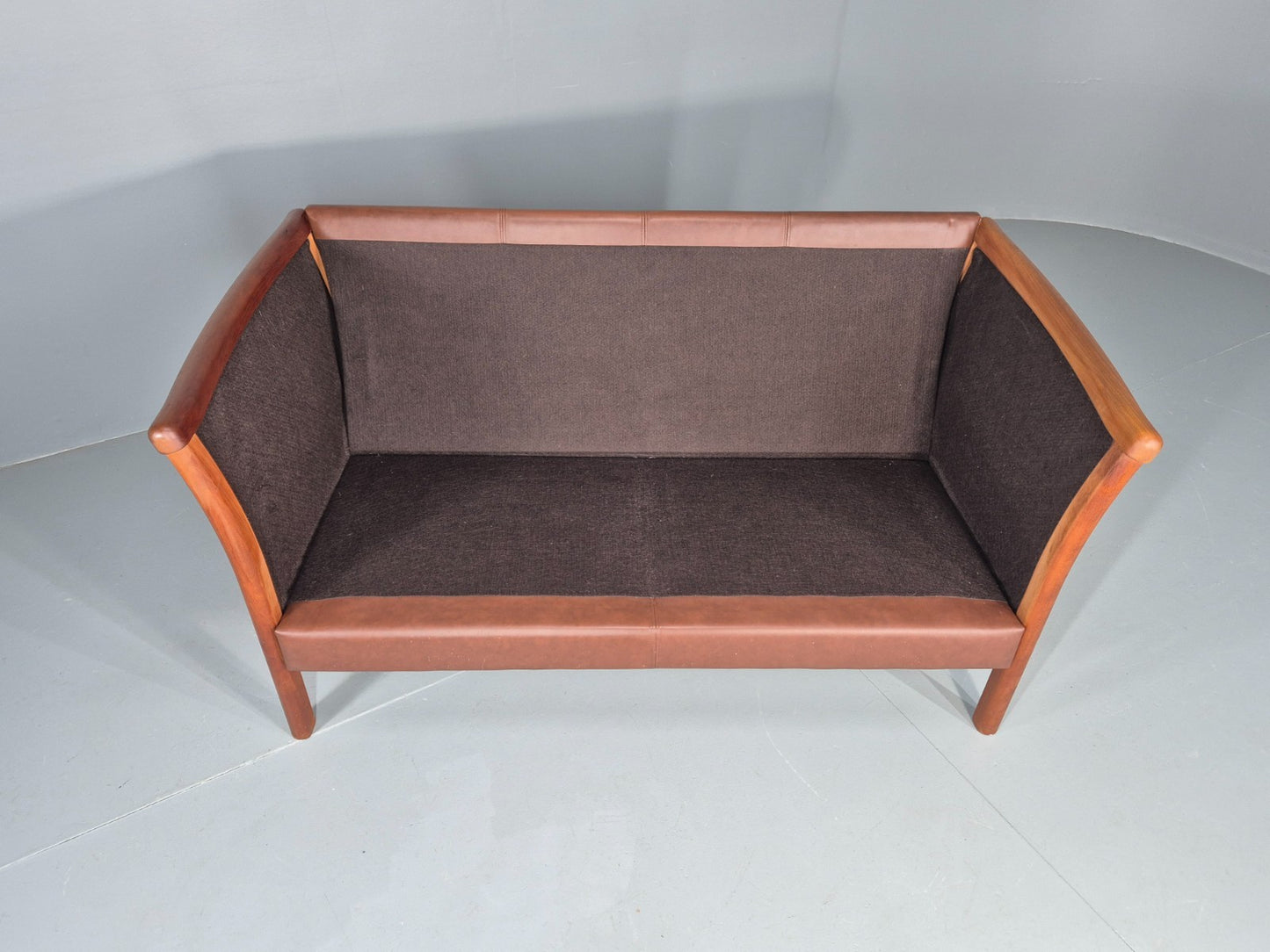 Vintage 2 Seater Sofa Danish Brown Leather Wood Ends Retro 1980s EB8349 M2SS