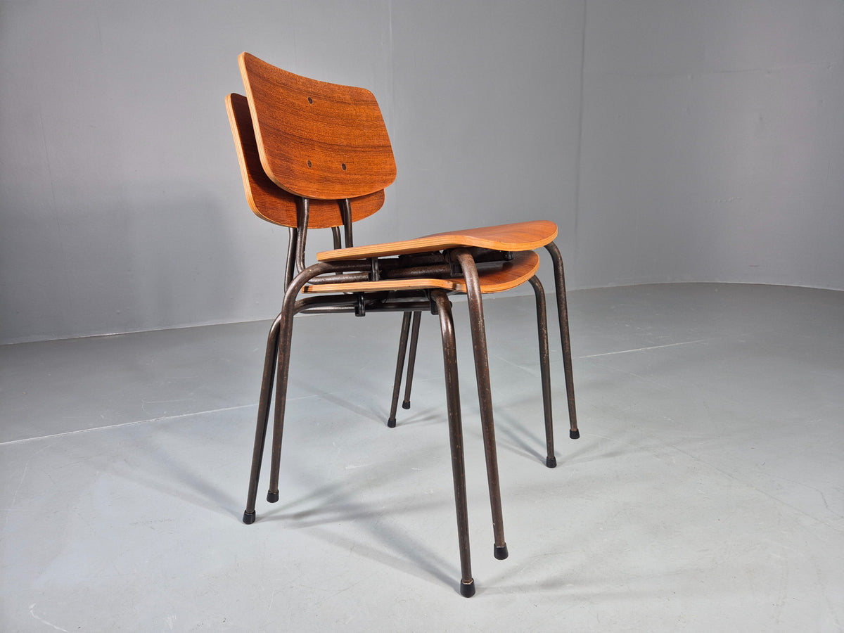 2 Vintage Danish Stacking Chairs Mid Century Industrial Teak Plywood EB13025