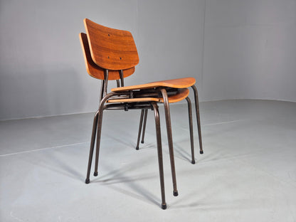 2 Vintage Danish Stacking Chairs Mid Century Industrial Teak Plywood EB13025