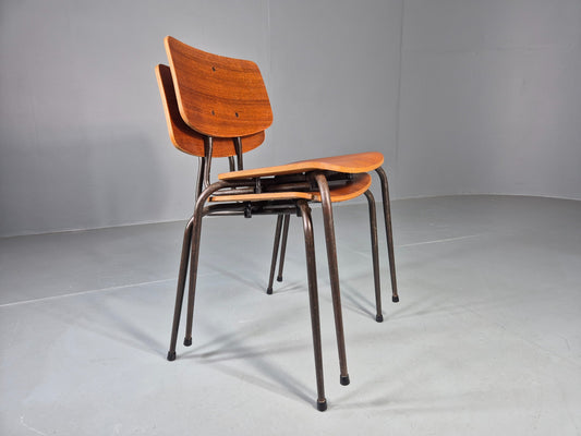 2 Vintage Danish Stacking Chairs Mid Century Industrial Teak Plywood EB13025