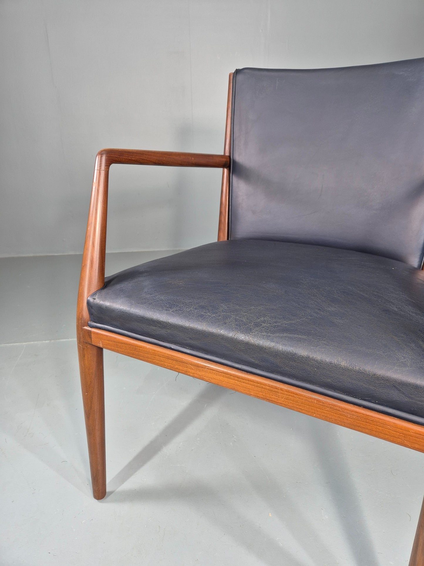 Vintage Mid Century Teak Armchair Blue Leather 1960s Retro EB11904