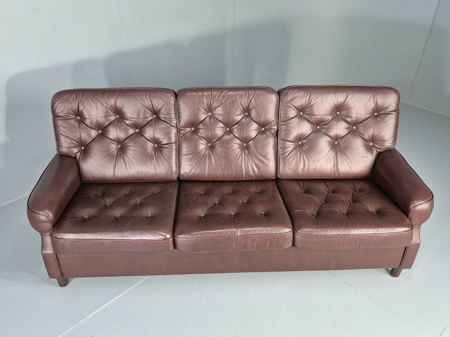Vintage 3 Seater Leather Sofa Danish 1970s Brown Leather Retro MCM EB12411