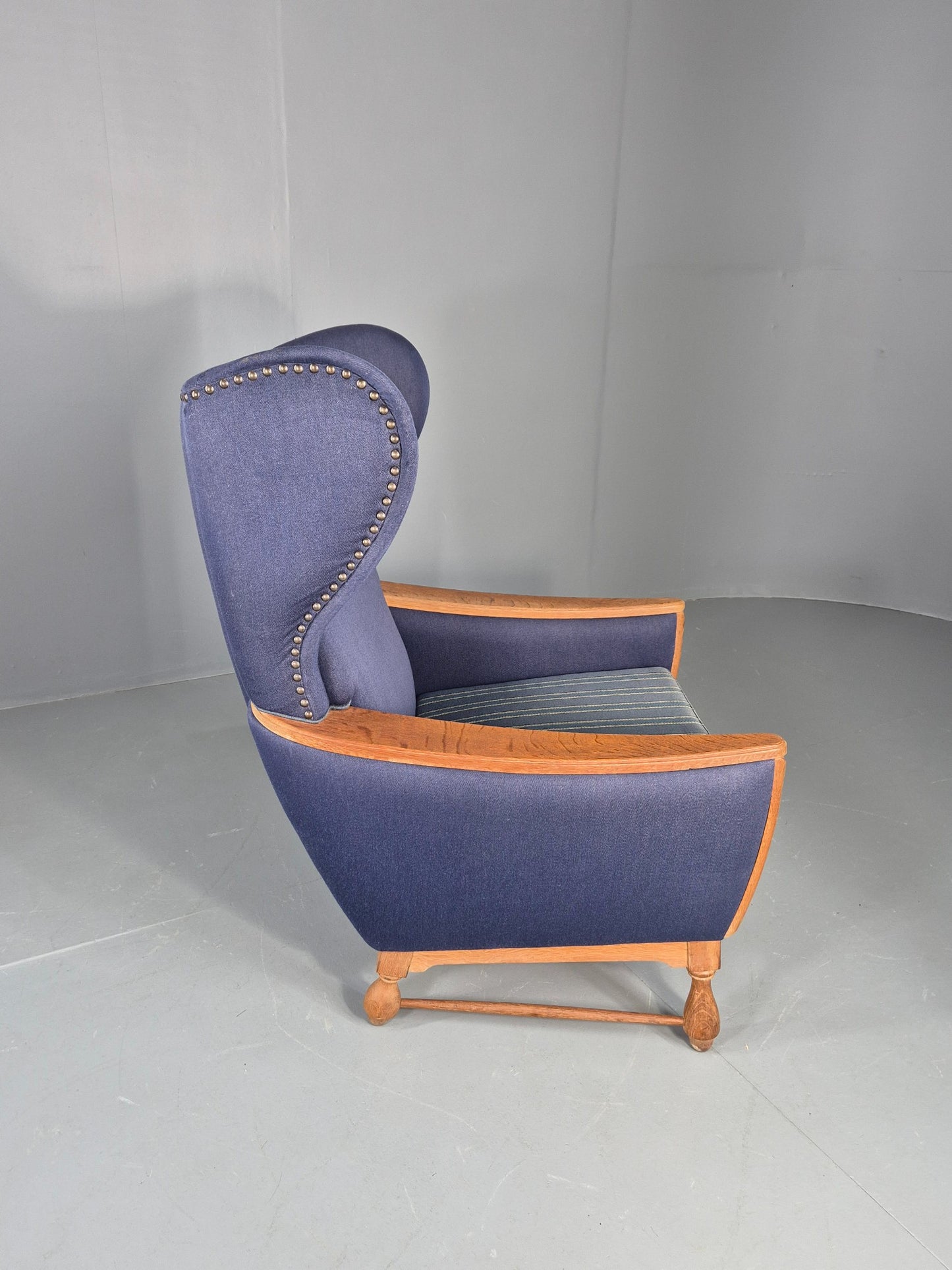 Vintage Danish Lounge Wing Chair Oak Frame Blue Wool 1970s  Retro MCM EB12771