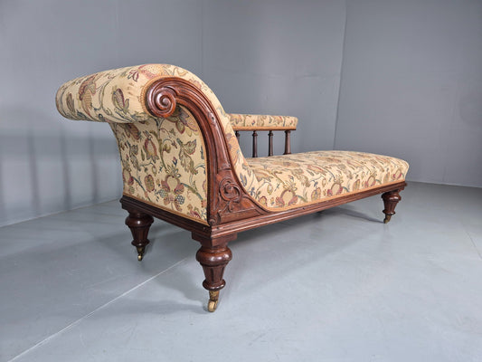 Vintage Edwardian Chaise Lounge Mahogany Frame Floral Jaquard Cloth EB12919