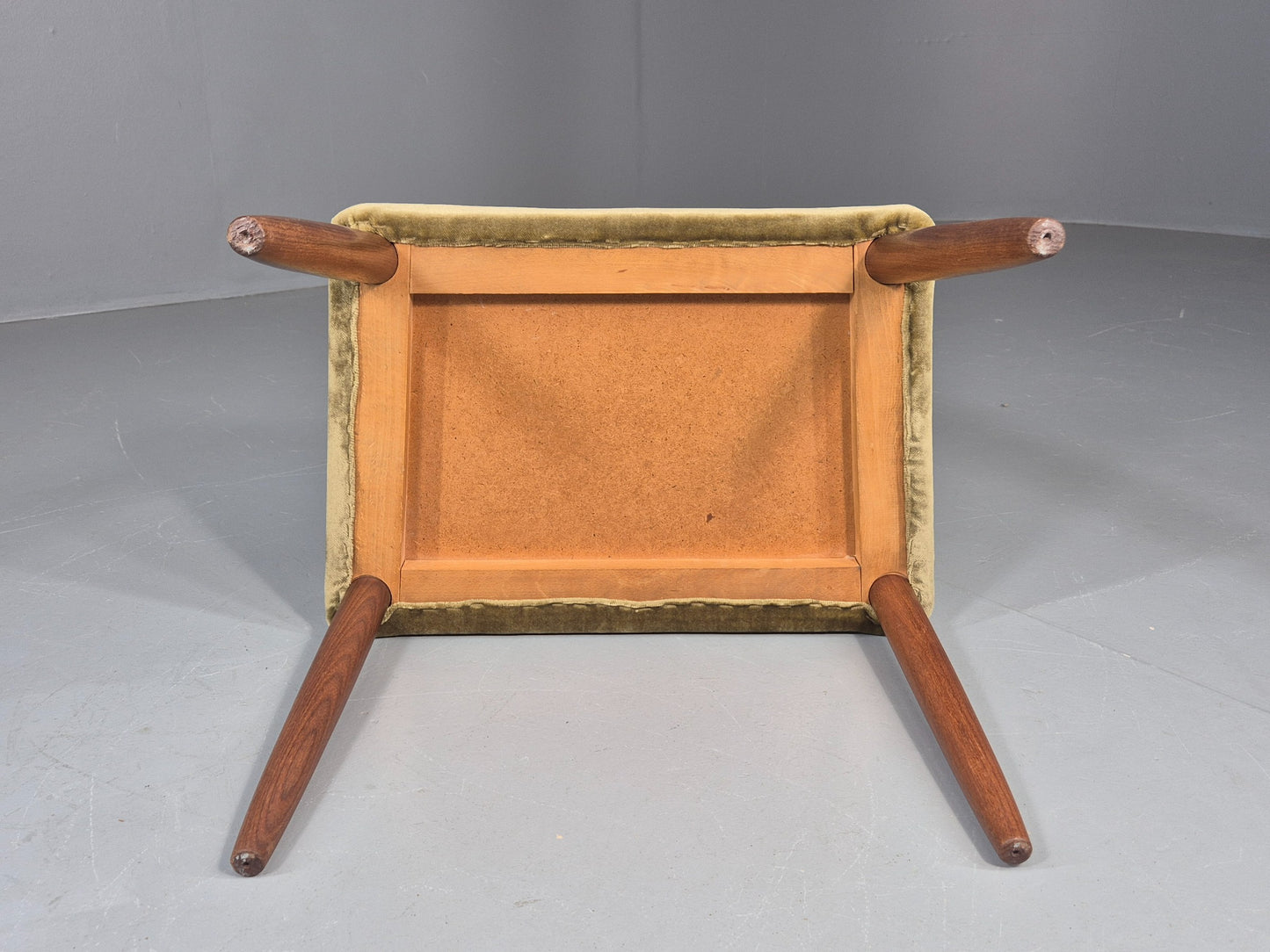 Vintage Danish Mid Century FootStool Teak legs Green Velour 1960s Retro EB12030