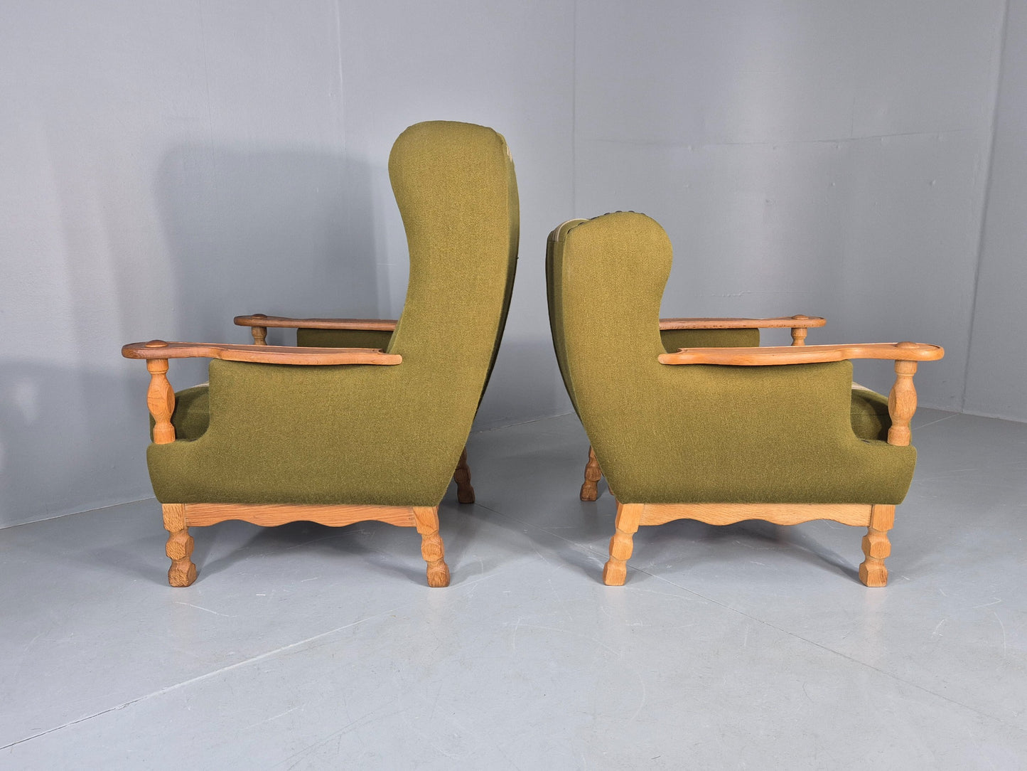 2 Vintage Lounge Chair Kjaernulf Style Oak Frames Green Wool 1970s Retro EB12687
