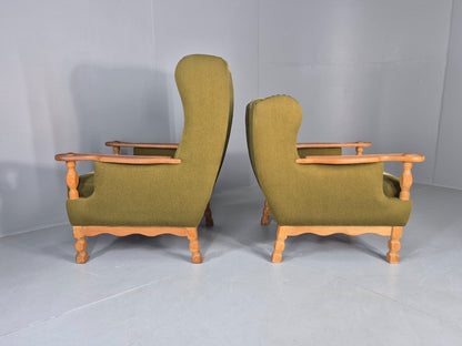2 Vintage Lounge Chair Kjaernulf Style Oak Frames Green Wool 1970s Retro EB12687