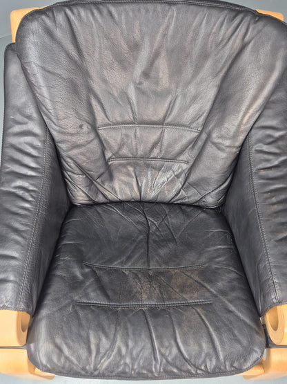Vintage 1970s Lounge Chair Krokken By Fribytter Leather Bentwood Retro EB11999