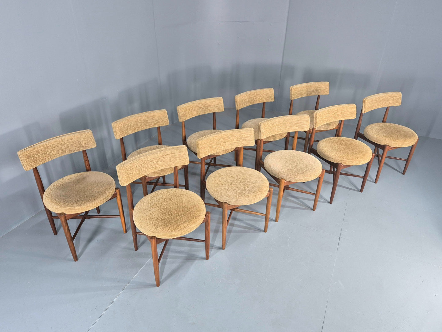 10 Vintage G Plan Dining Chairs Circle Seat Model Teak Frames Chenille EB12027
