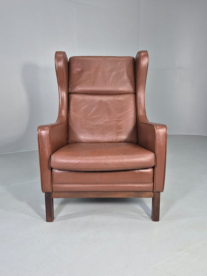 Vintage Lounge Chair Mid Century Danish Brown Leather Wingback Mogensen EB12377