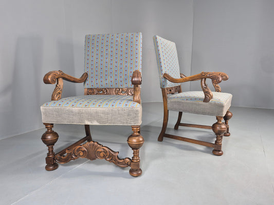 2 Vintage Danish Baroque Revival Lounge Chairs Oak Frame Tapestry Floral EB12643