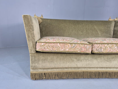 Vintage Danish Knole Sofa 2 Seater Green Velour Floral Cream Cushions EB12770