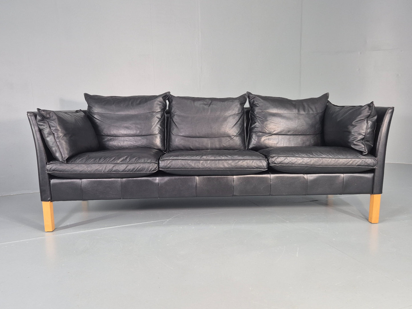 Vintage 3 Seater Sofa Danish Black Leather Mid Century Style 1980s Retro EB12418
