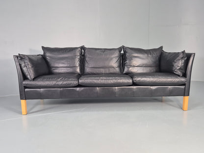 Vintage 3 Seater Sofa Danish Black Leather Mid Century Style 1980s Retro EB12418
