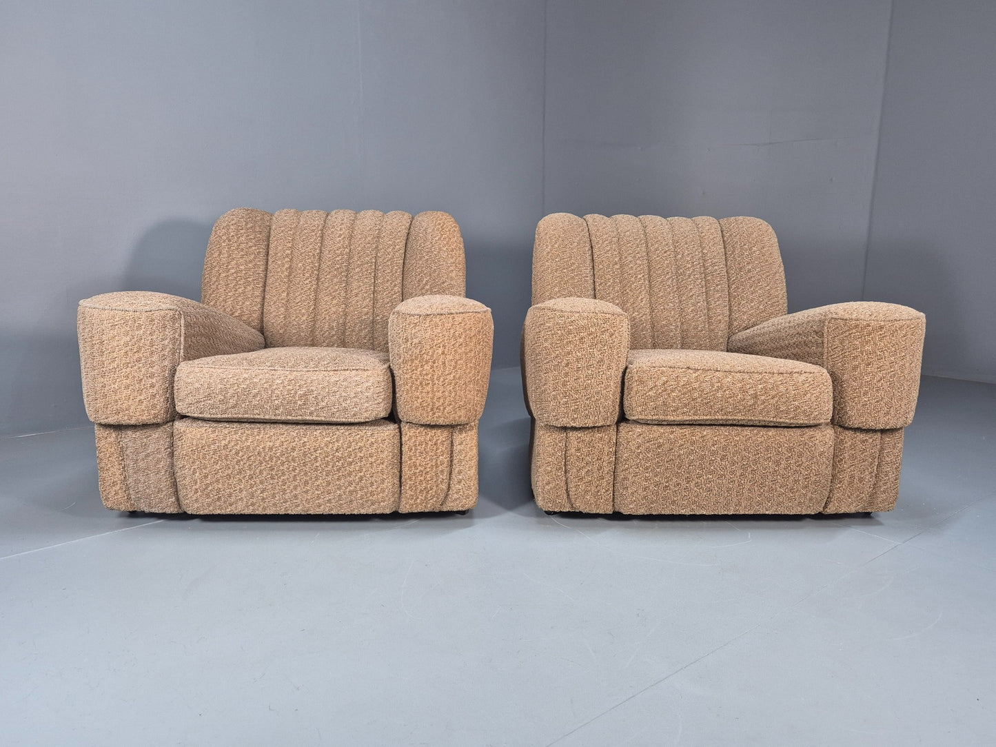 2 Vintage Art Deco Armchairs Beige Chenille Upholstery 1940s EB09684