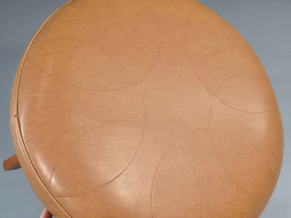 Vintage Mid Century Foot Stool Brown Vinyl Danish Teak Round Retro MCM EB12022