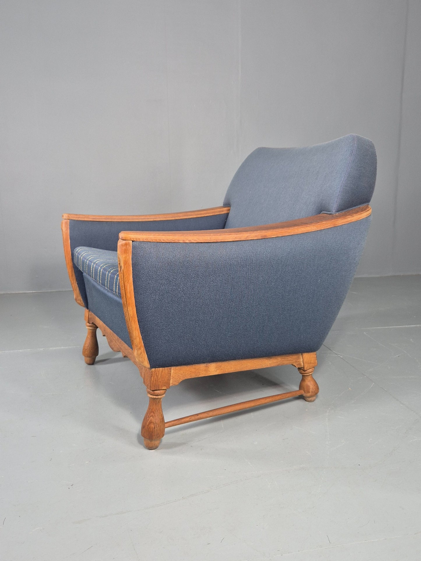 Vintage Danish Lounge Chair Oak Frame Blue Wool 1970s  Retro MCM EB12764