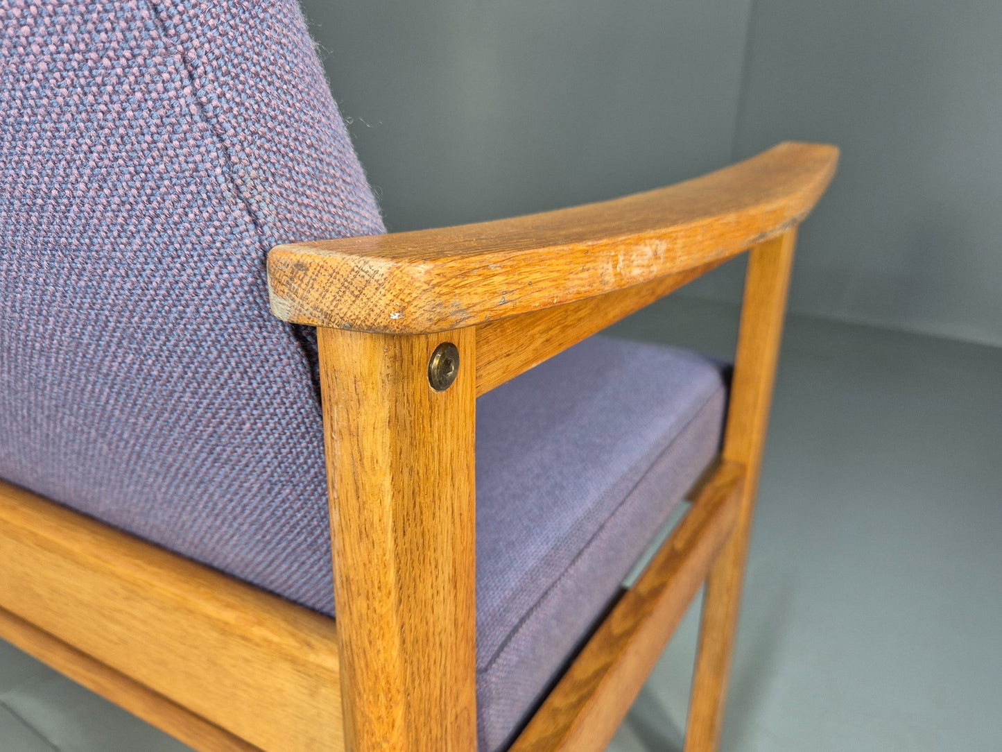 Vintage Danish 2 Seater Bench Sofa Oak Frame Purple Upholstery 1970s MCM EB08693