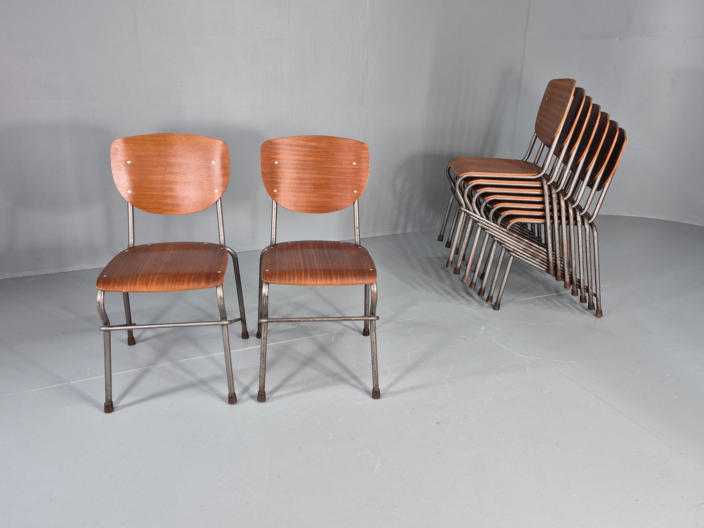 9 Vintage Danish Stacking Industrial Chairs Teak and Steel 1960s Retro EB12403