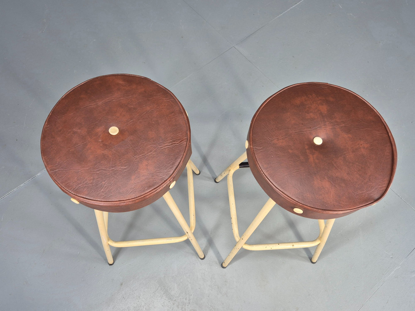 2 Vintage Bar Stools Cream metal frames with Vinyl Seats 1950s Retro EB12529