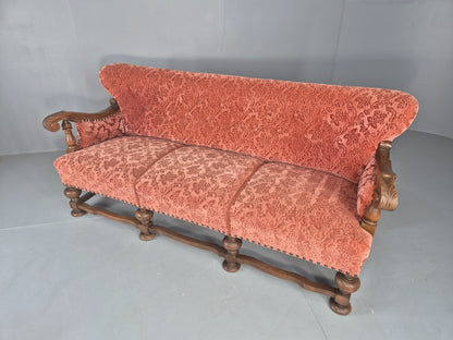Vintage 3 Seater Sofa Danish Baroque Revival Pink Floral Moquette 1950s EB12698