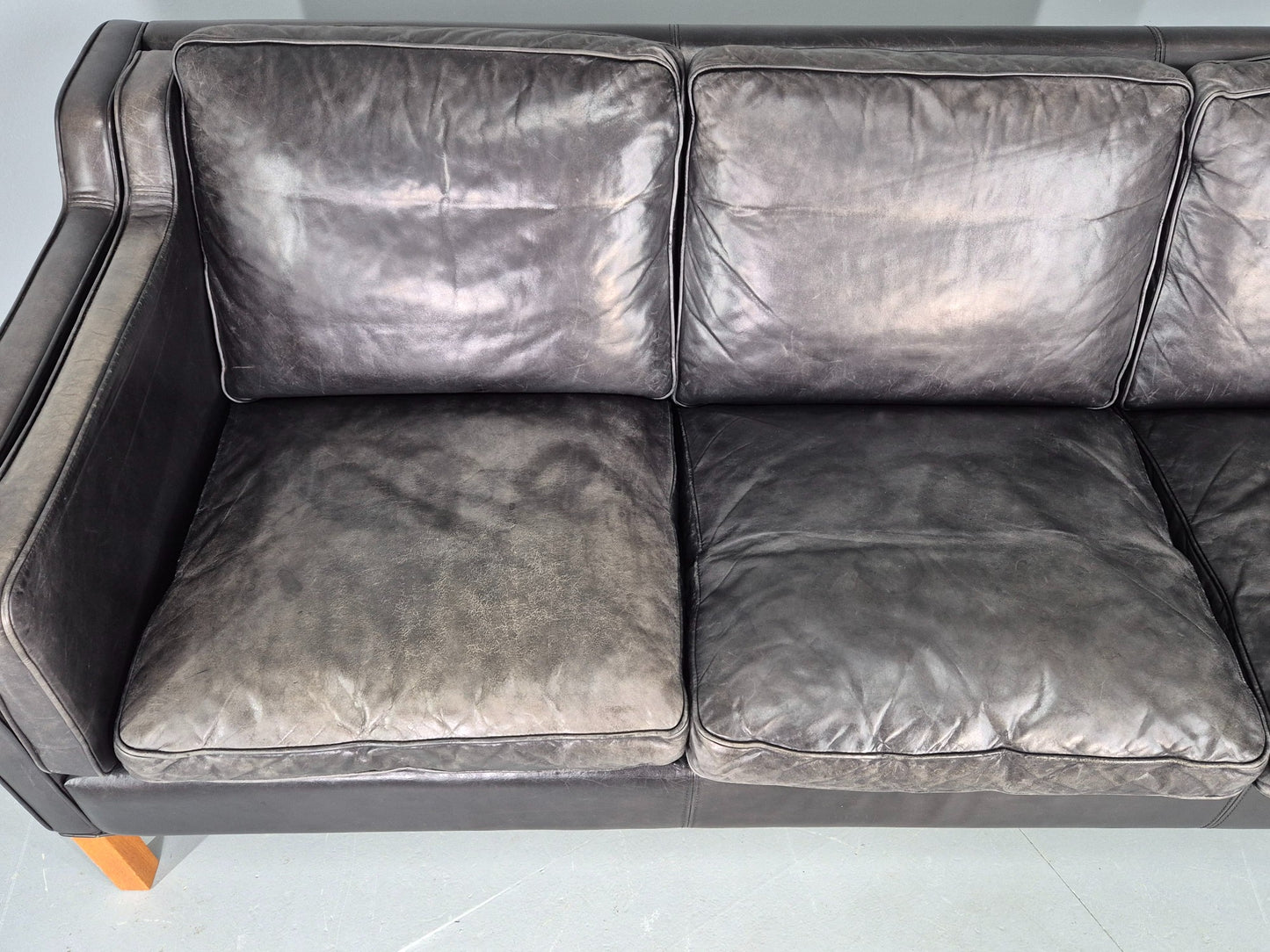 Vintage Stouby 3 Seat Sofa Black Leather 1980s Retro MCM Mogensen Style EB12427