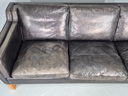 Vintage Stouby 3 Seat Sofa Black Leather 1980s Retro MCM Mogensen Style EB12427