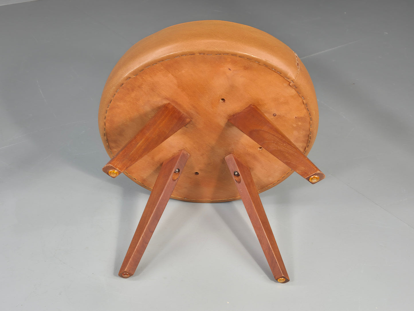 Vintage Mid Century Foot Stool Brown Vinyl Danish Teak Round Retro MCM EB12022