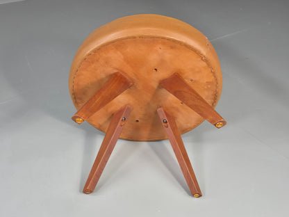 Vintage Mid Century Foot Stool Brown Vinyl Danish Teak Round Retro MCM EB12022