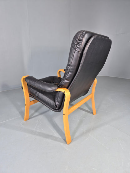 Vintage Danish Leather and Vinyl Lounge Chair Bent Wood Frame 80s Retro EB13076